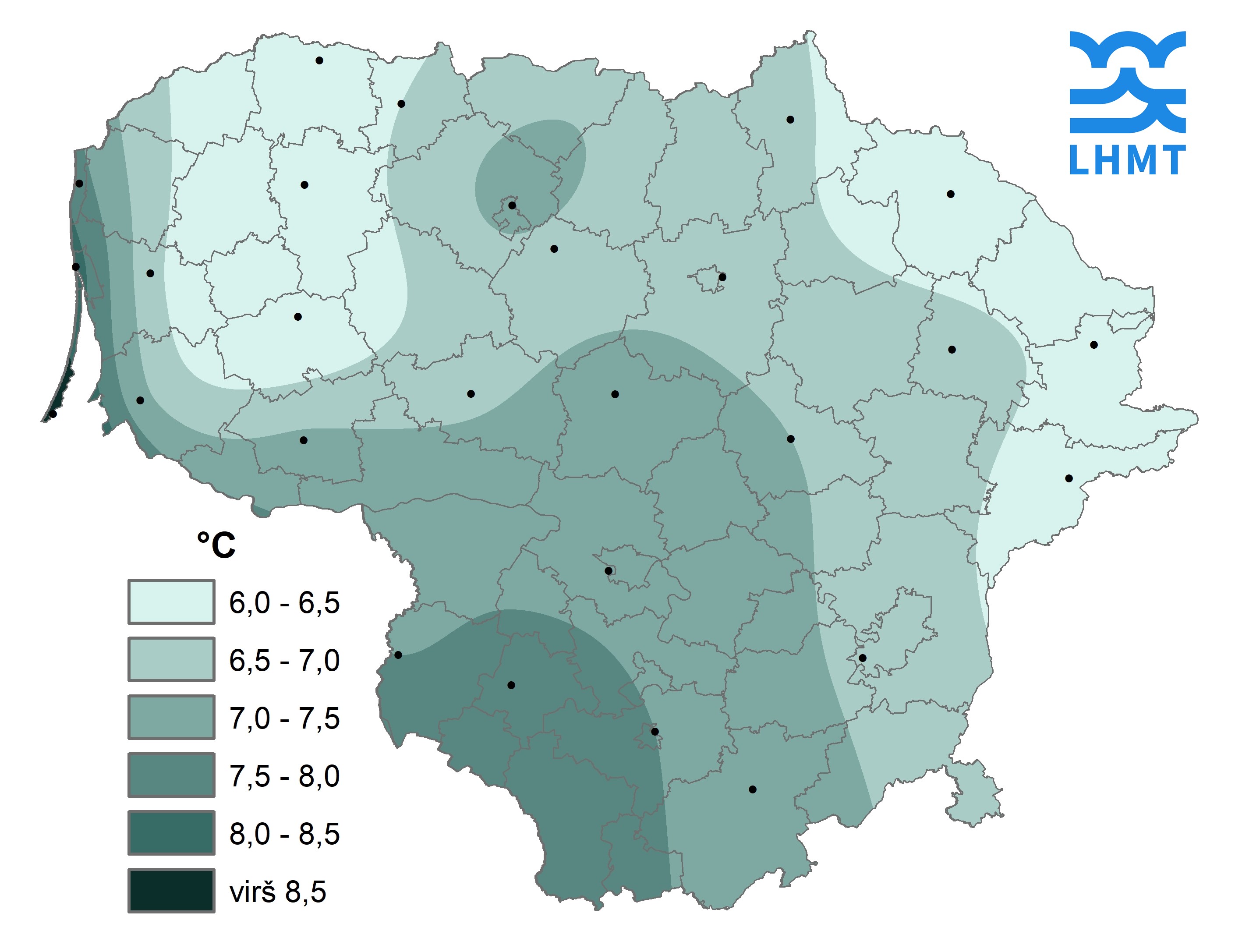  1 pav. Spalio mėnesio pirmojo dešimtadienio vidutinė oro temperatūra