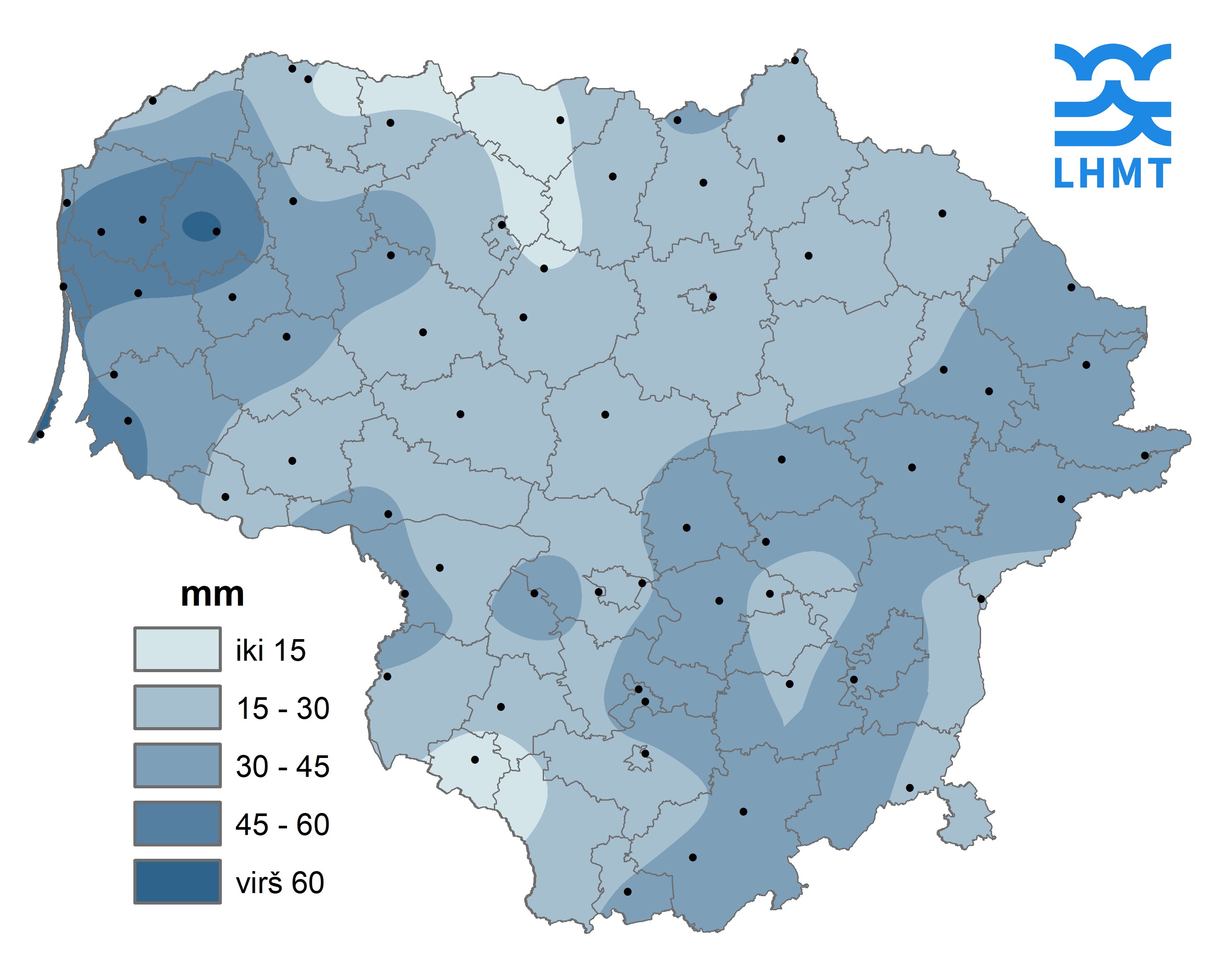  2 pav. Spalio mėnesio pirmojo dešimtadienio kritulių kiekis