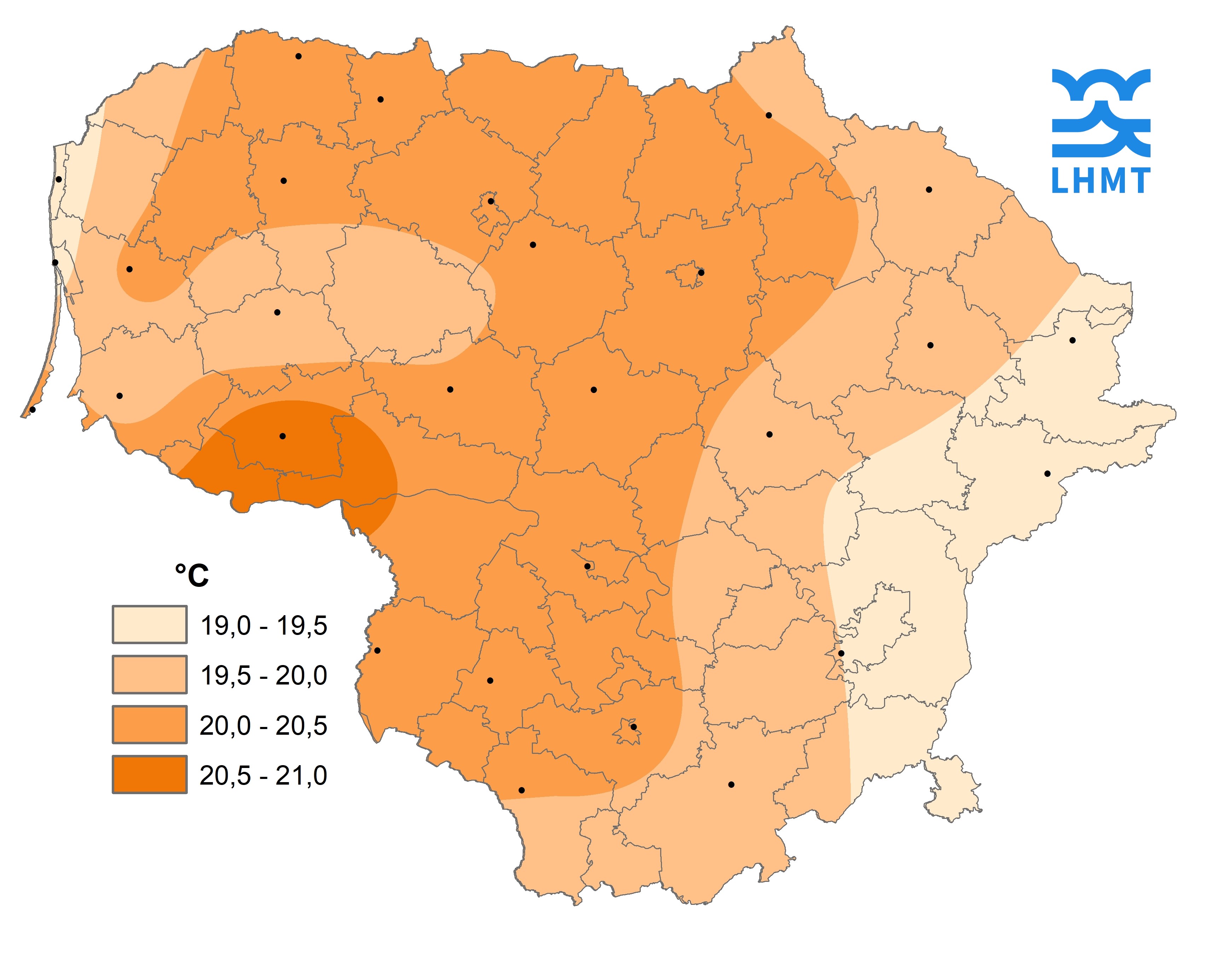  1 pav. Liepos mėnesio vidutinė oro temperatūra