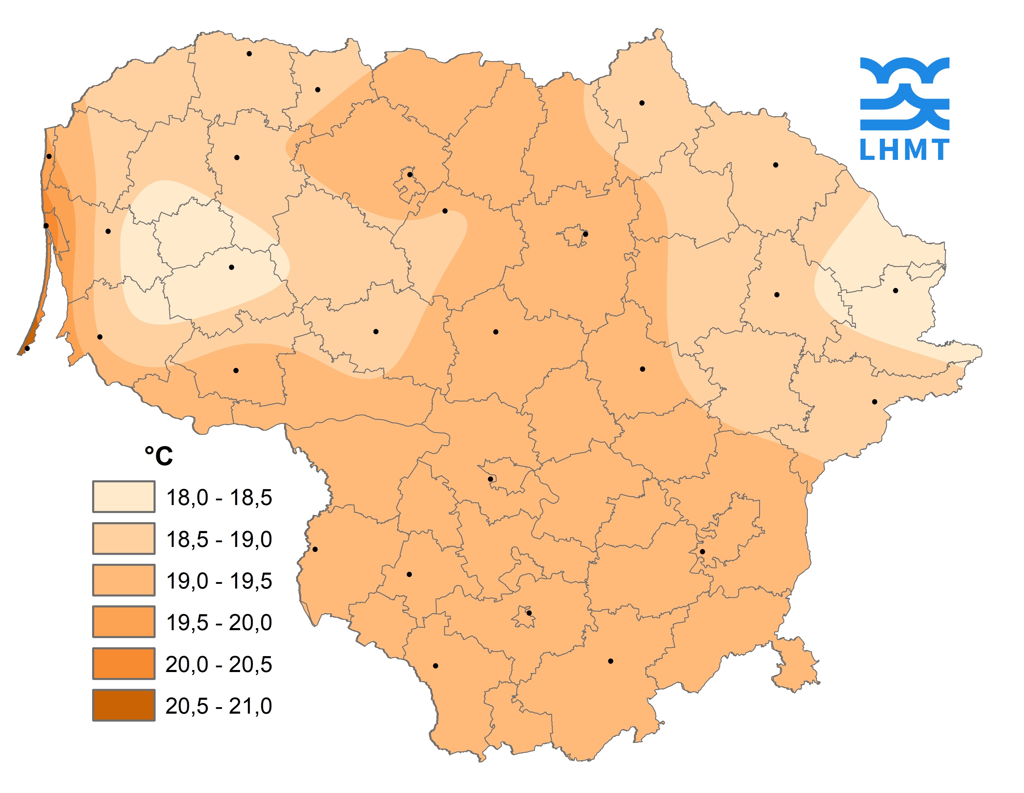  1 pav. Rugpjūčio mėnesio vidutinė oro temperatūra