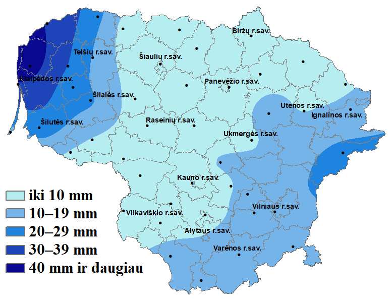  Pirmoje dešimtadienio pusėje plona sniego danga buvo susidariusi tik Vakarų Lietuvoje, taip pat Varėnos ir Ignalinos apylinkėse. Gausiau pasnigo gruodžio 15 d. – daugelyje rajonų, išskyrus pajūrį ir pietvakarinį šalies pakraštį, susidarė 2–10 cm storio sniego danga, tačiau kai kur sniego buvo tik pėdsakai. Iki dešimtadienio pabaigos silpnai pasnyguriuodavo beveik kiekvieną dieną, tačiau dėl apie 0° svyruojančios temperatūros sniegas visur labai palengva tirpo.