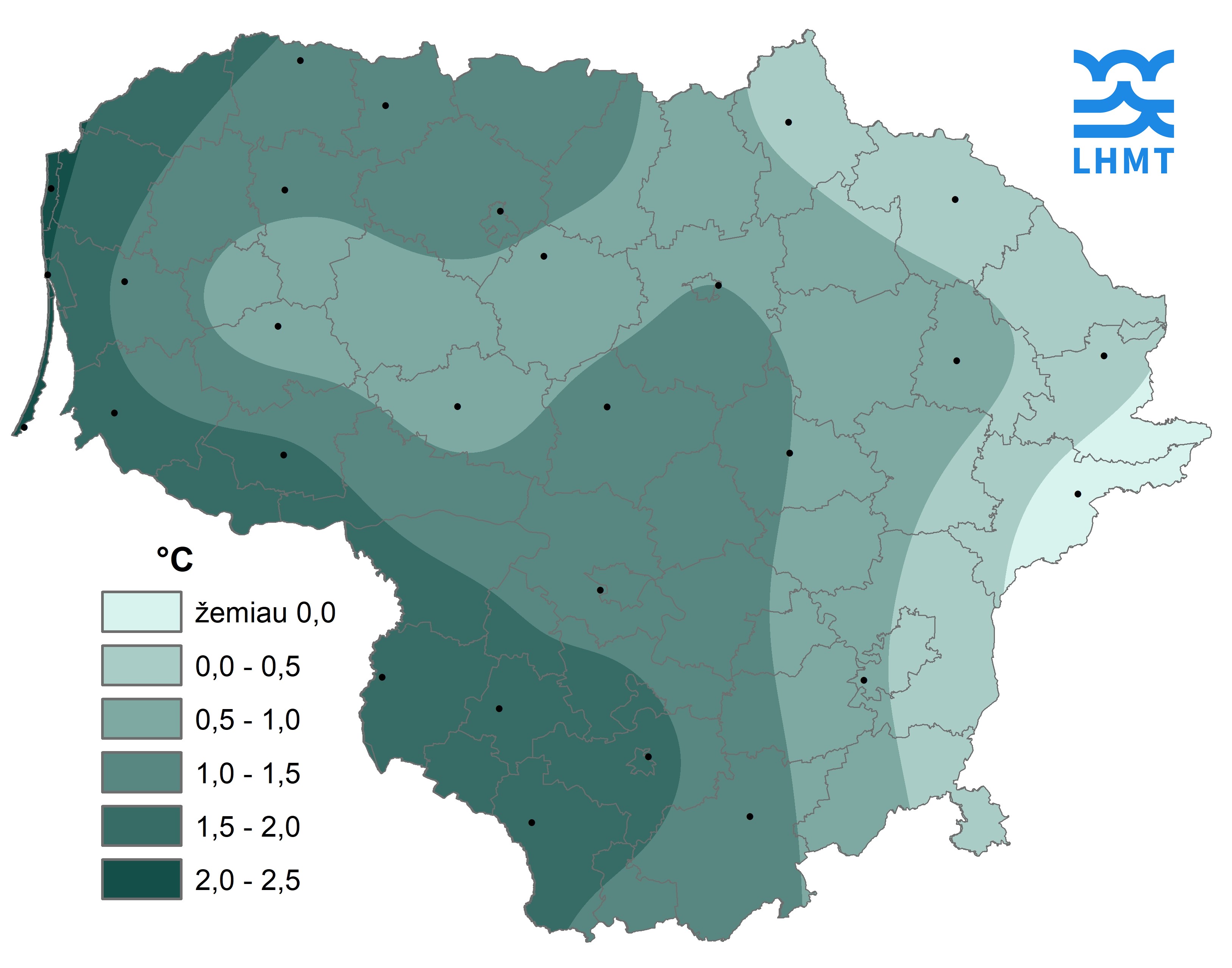  1 pav. Vasario mėnesio vidutinė oro temperatūra