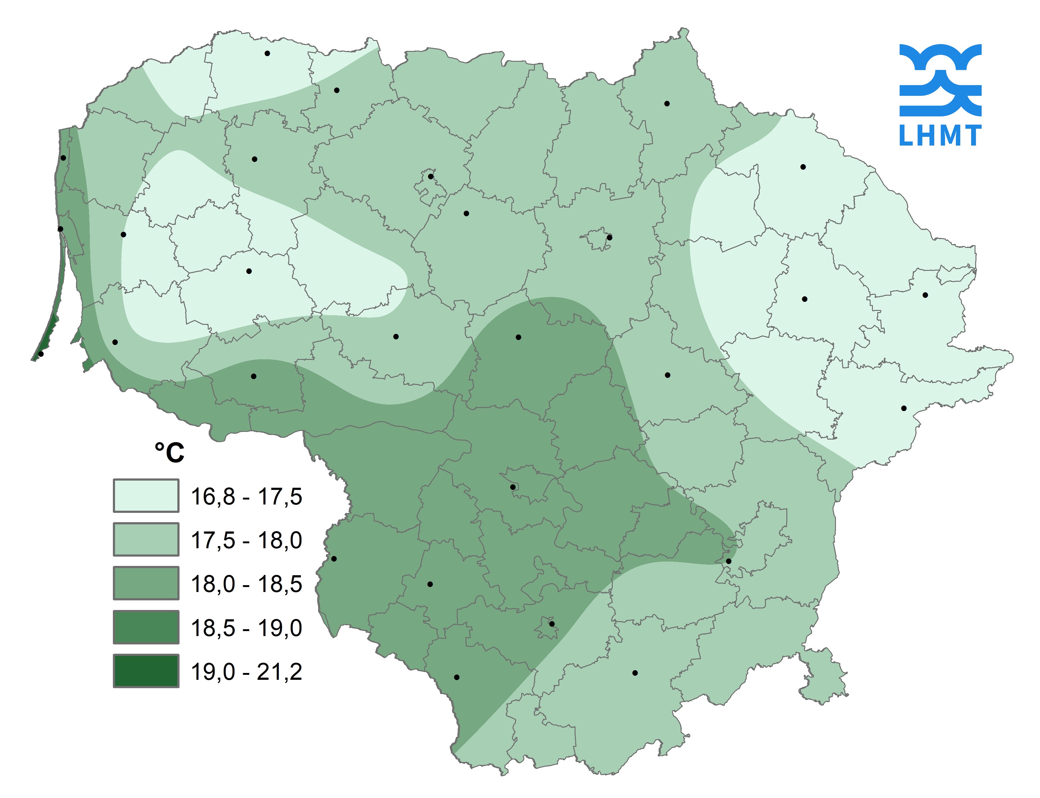  1 pav. Rugpjūčio mėnesio vidutinė oro temperatūra