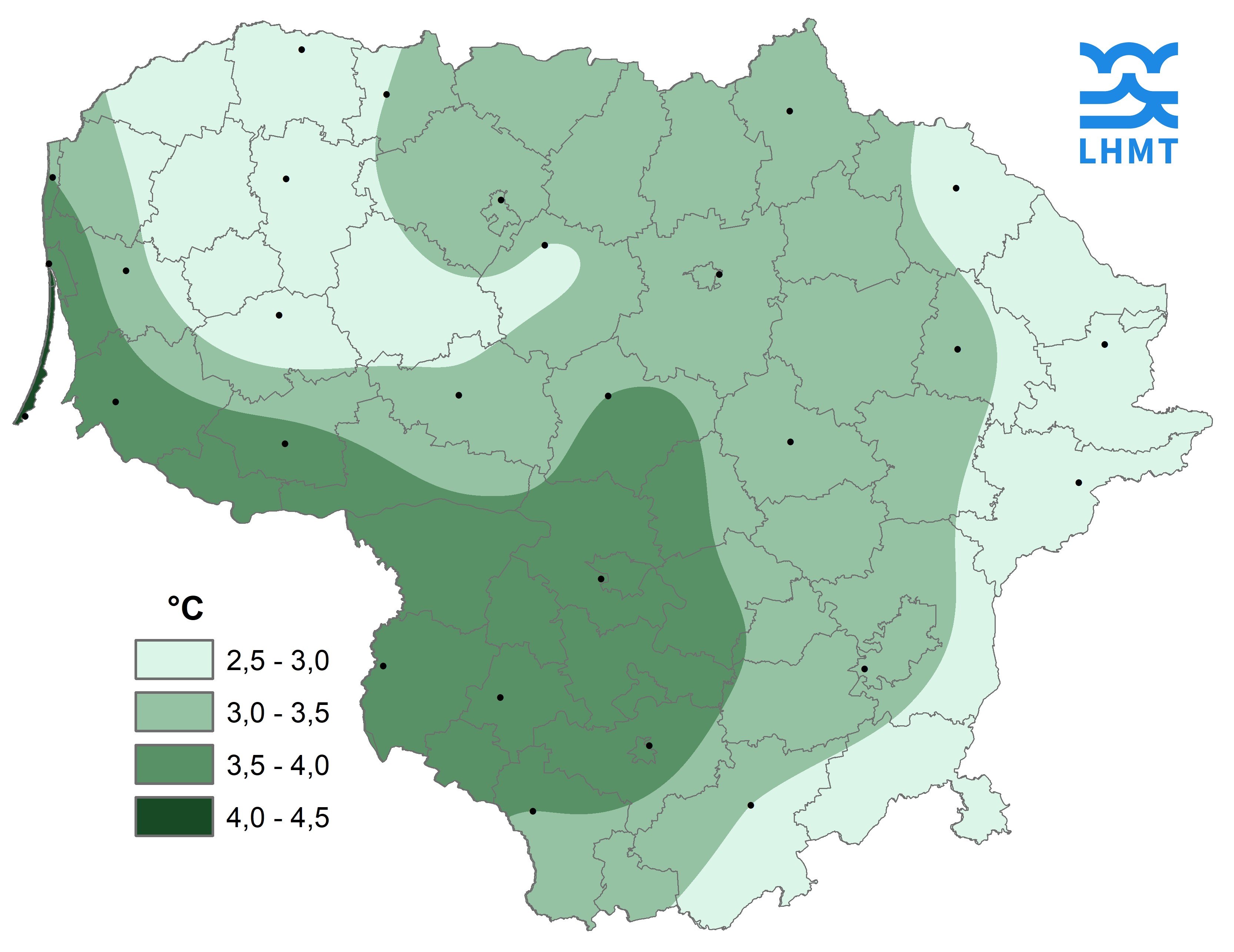  1 pav.. Kovo mėnesio vidutinė oro temperatūra