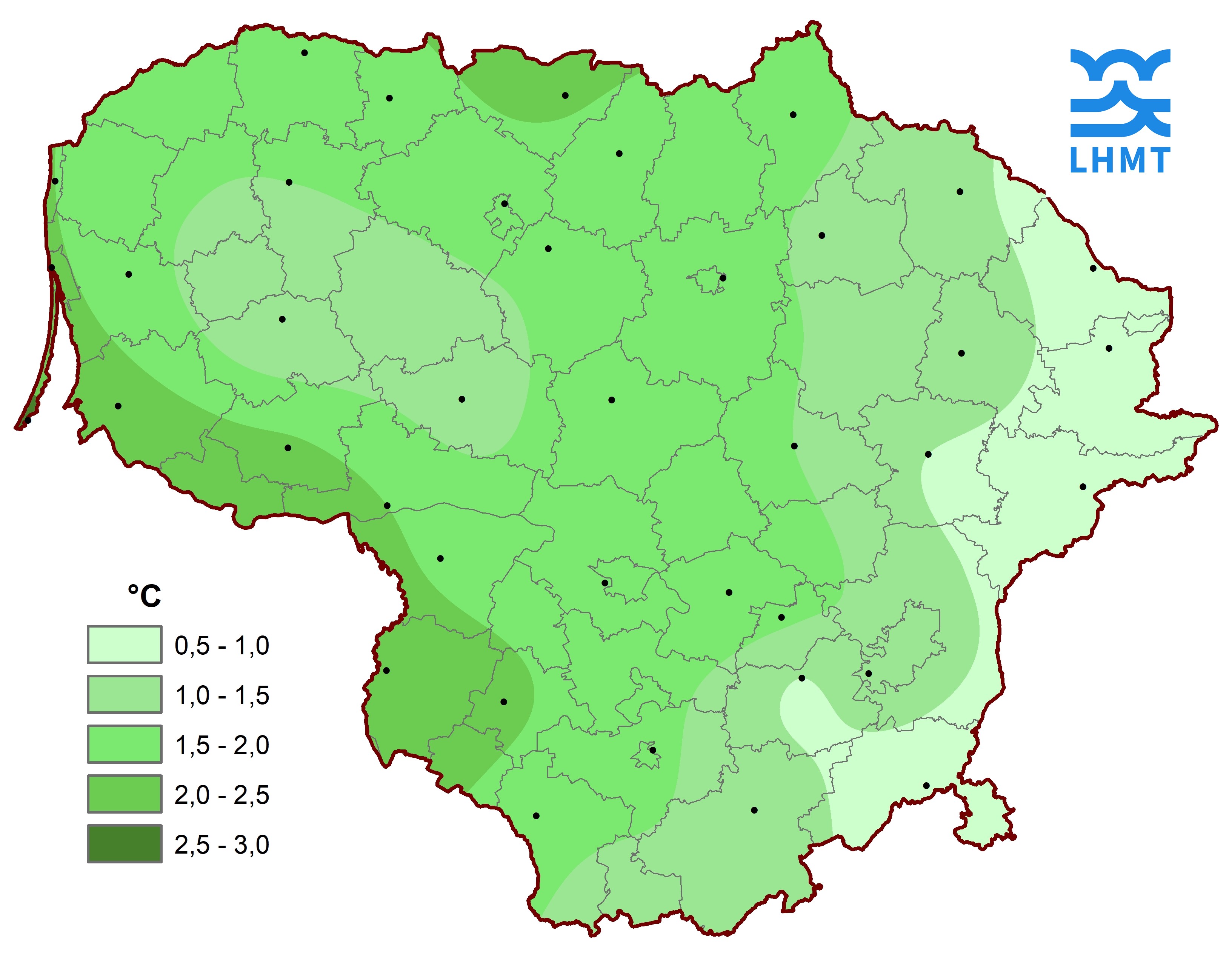  1 pav. Kovo mėnesio vidutinė oro temperatūra