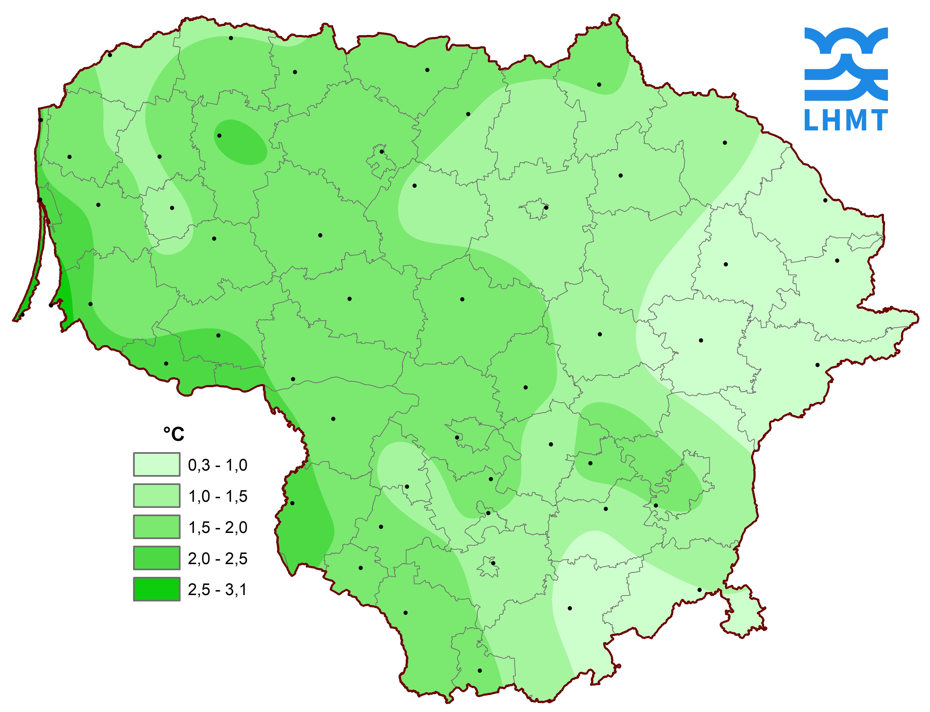  1 pav. Kovo mėnesio vidutinė oro temperatūra